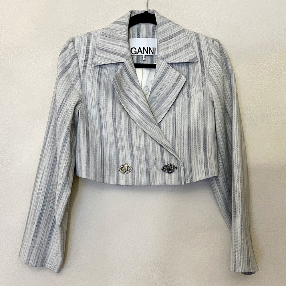 GANNI Cropped Striped Grey Blazer